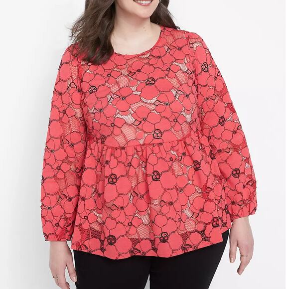 Lane Bryant Lace Babydoll Blouse Womens Sz 22 Rouge Red Floral Crew Neck Top 3X - Picture 1 of 10